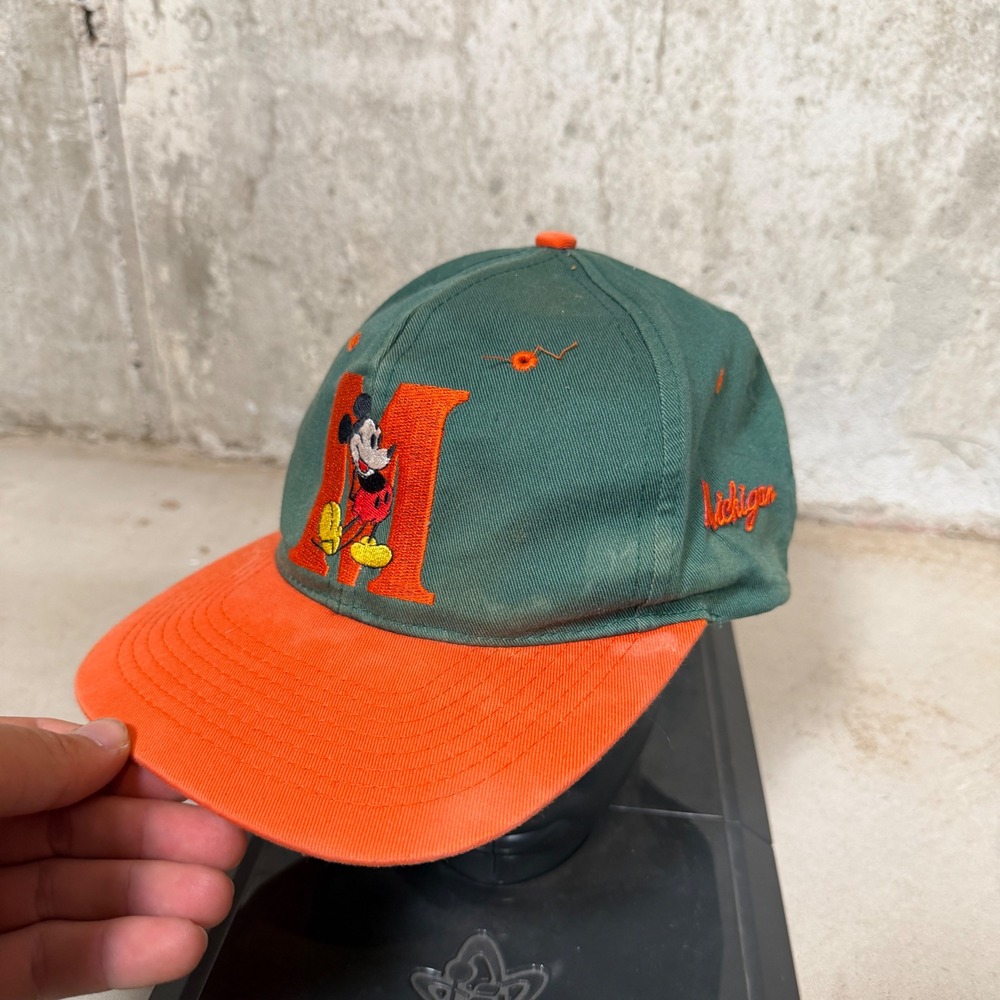 Vintage Mickey Mouse Michigan Hat Green Orange Snapback Mens 90s Disney